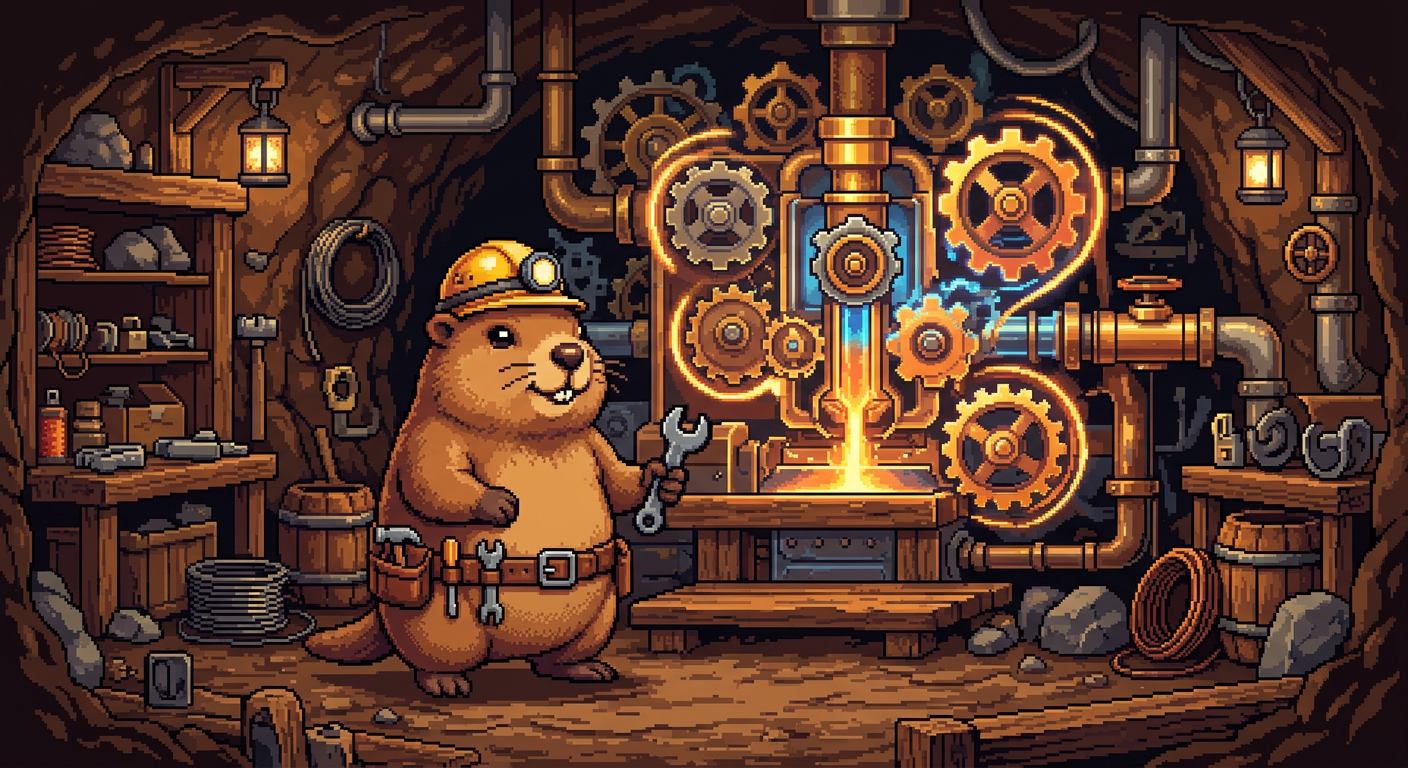 A pixel-art marmot engineer with a wrench standing before glowing gears and pipes in a burrow