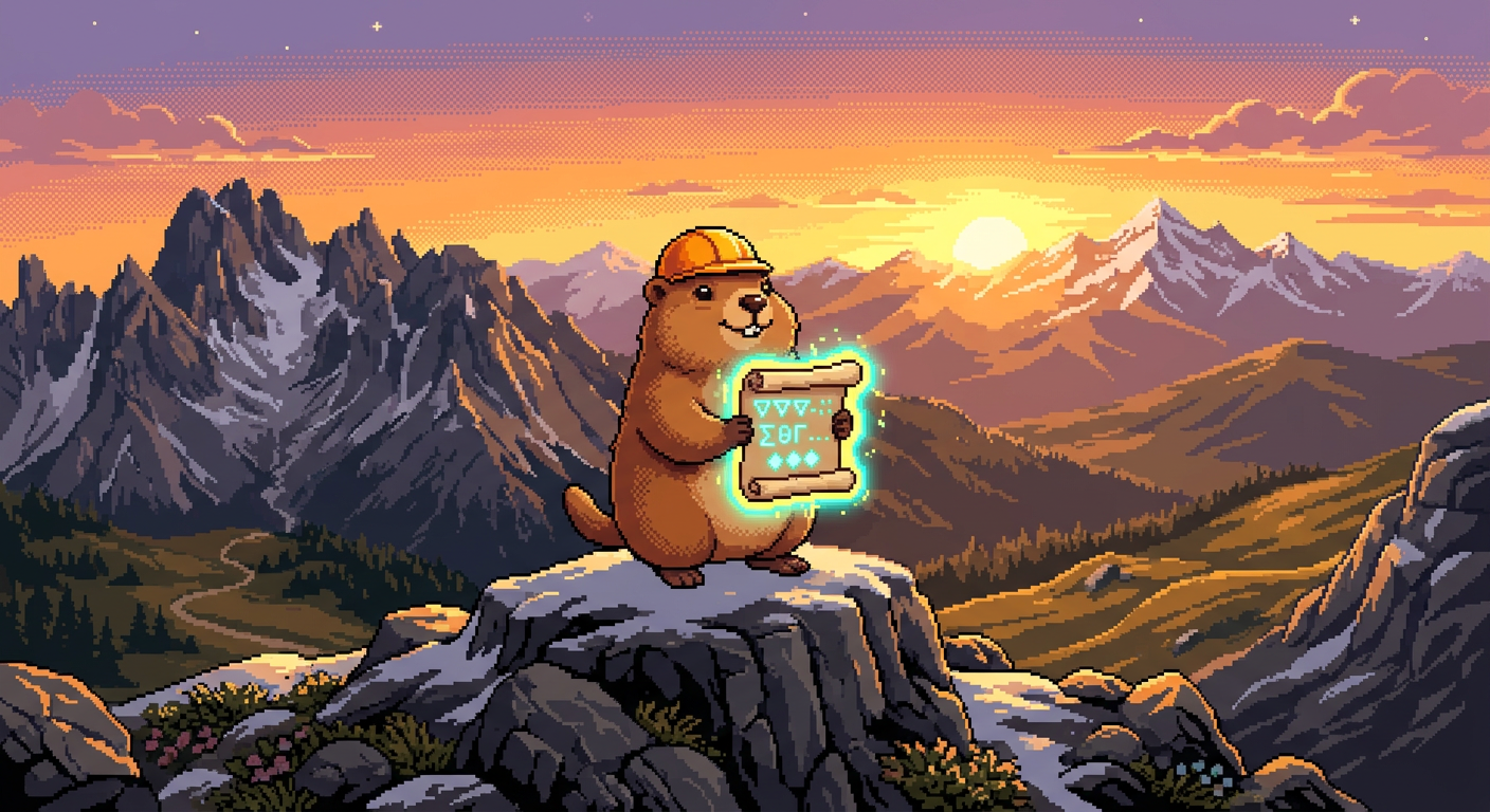 A pixel-art marmot in a wizard hat pointing a wand at a glowing code editor in an underground burrow