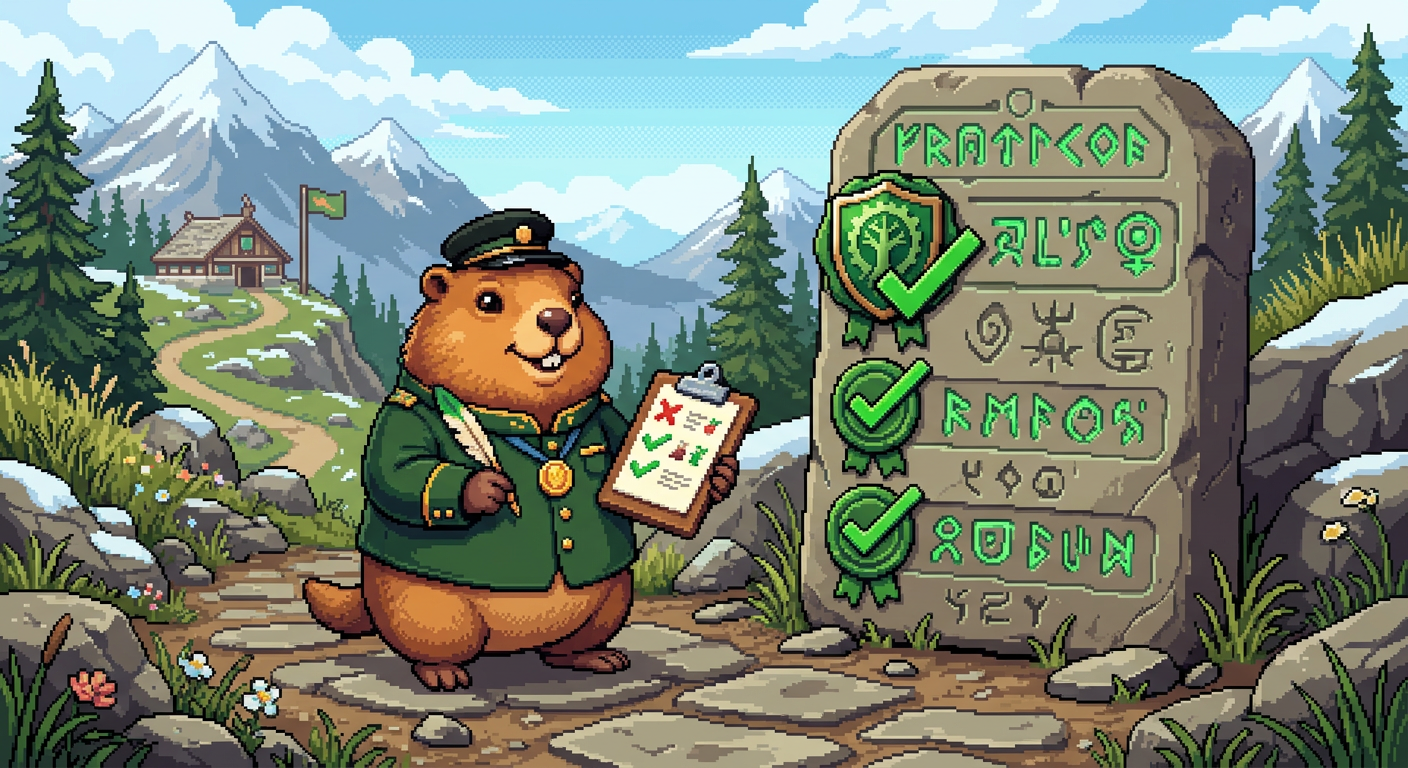 A pixel-art marmot in uniform holding a clipboard next to a stone tablet with checkmarks